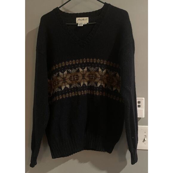 Eddie Bauer Sweater Nordic Vintage Wool Blend Knit V Neck Pullover Mens Medium - Picture 1 of 6